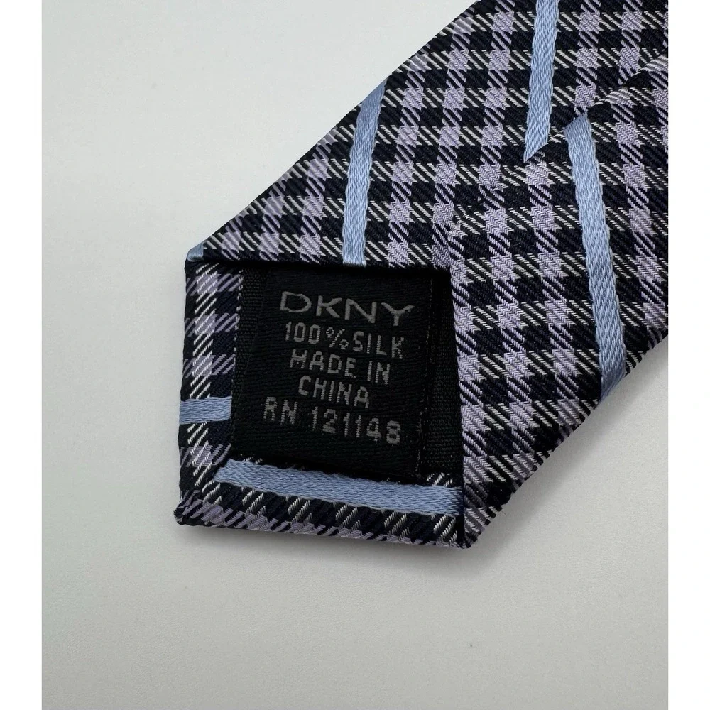 DKNY Silk Tie Gray Blue Striped Houndstooth Pattern‎ Classic Designer Neck Tie